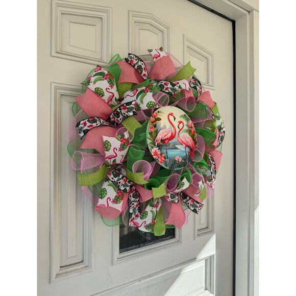 Pink Flamingo Mesh Ribbon Tropical Spring & Summer Wreath Front Door Hanger - Picture 5 of 7